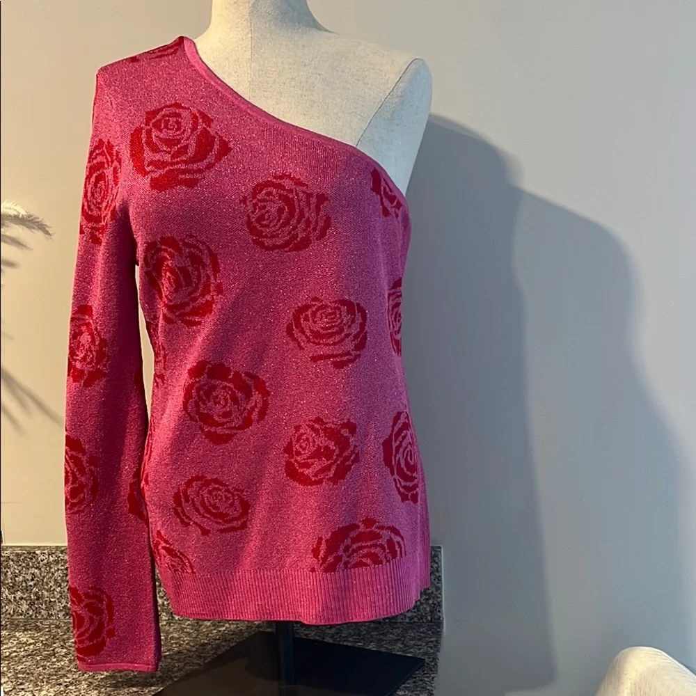 INC‎ International Concepts Pink Off-the-Shoulder Sweater with Floral Design